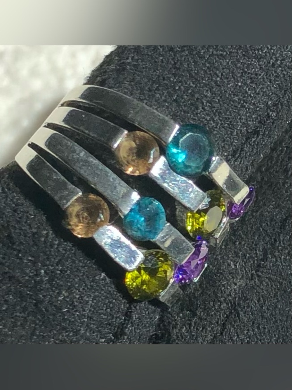 Sterling Silver Multi-Row Amethyst Peridot Blue And Brown Topaz Ring Size 6
